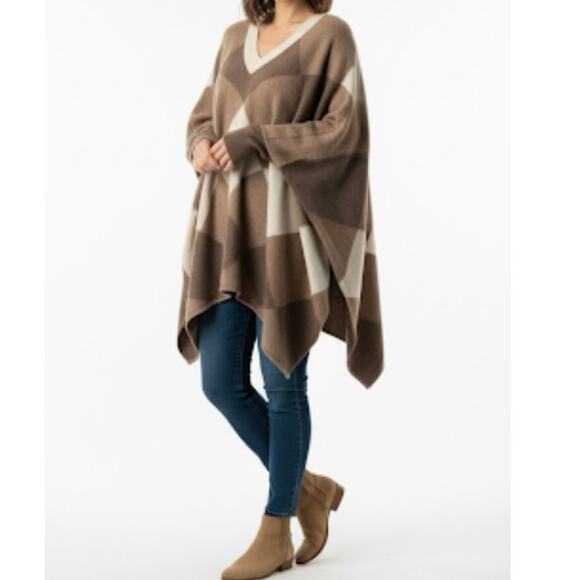 Boston Proper Lambswool Blend Ovetsized Poncho Sweater Brown Diamonds Size M/L - Picture 1 of 8